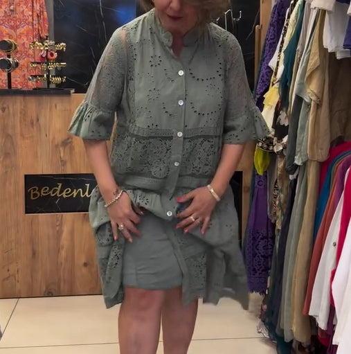 Kleid Stehkragen Spitze Hohl A-Linie