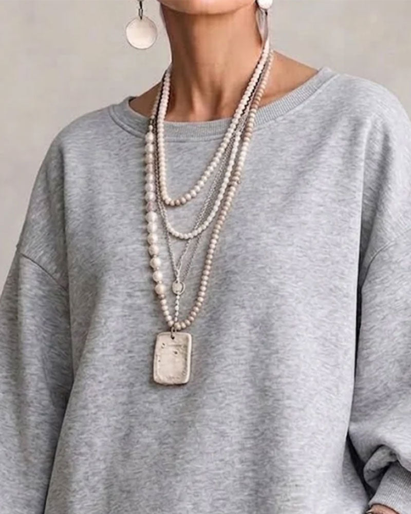 Sweatshirt Rundhals Laternenärmel Asymmetrisch