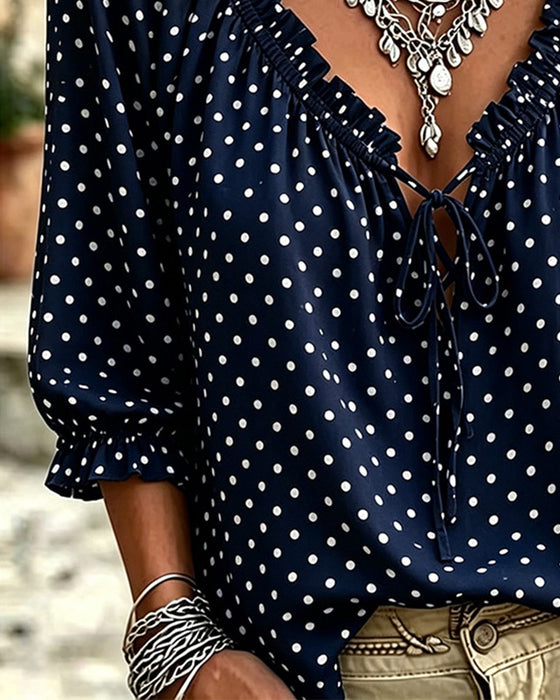 Bluse V-Ausschnitt Rüsche Polka Dot Bindung
