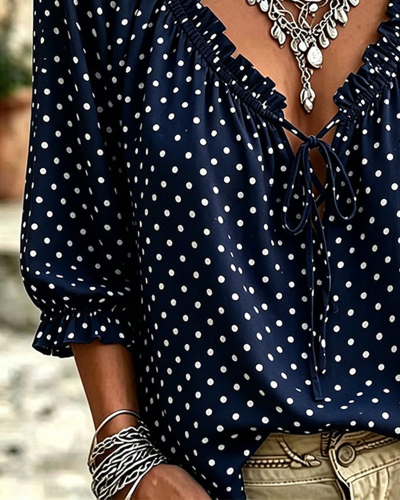 Bluse V-Ausschnitt Rüsche Polka Dot Bindung