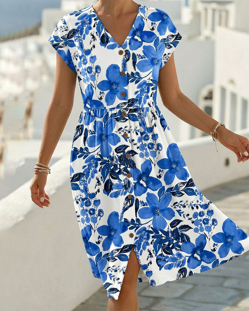 Kleid Blumendruck V-Ausschnitt Kurzarm