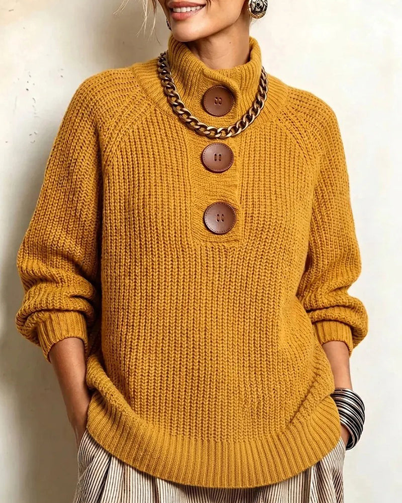 Pullover Turtleneck Geknöpft Raglanärmel