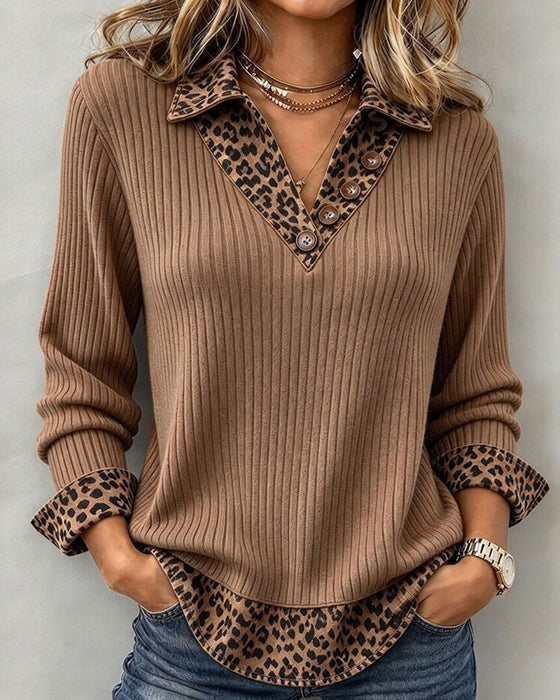 Top Leopardenmuster Patchwork Fake Zweiteilig Gerippt