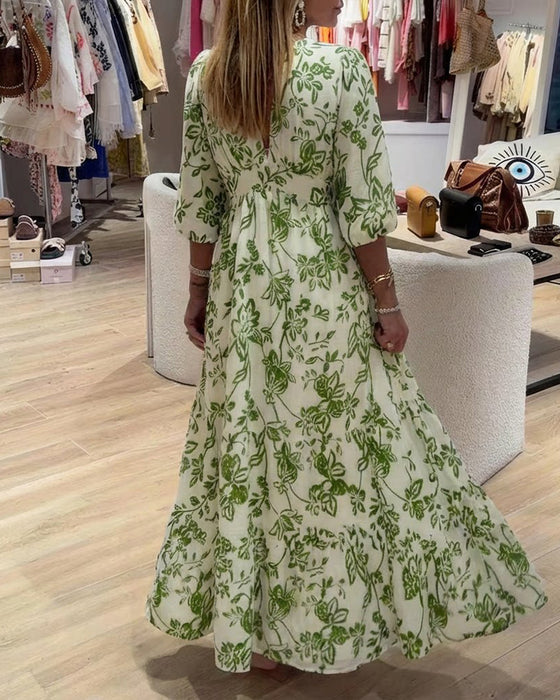 Kleid Tiefer V-Ausschnitt Elegant Blumig Lang