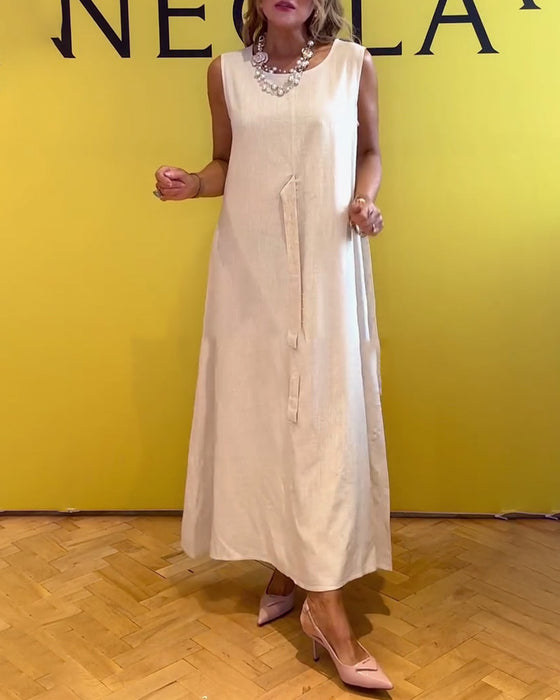 Kleid ärmellos Baumwolle und Leinen Taille einfarbig