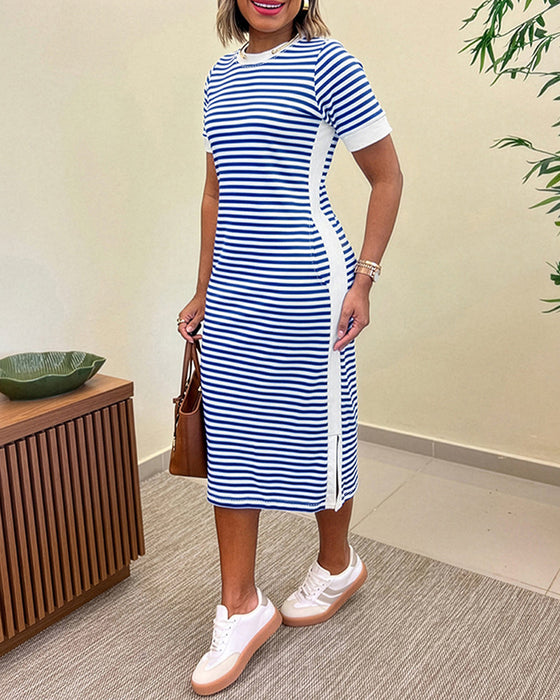 Kleid Rundhals Gestreift Farbblock Figurbetont