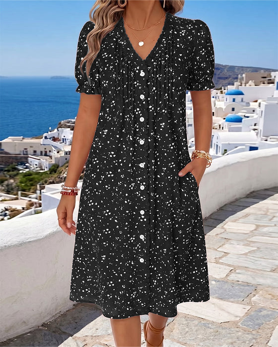 Kleid Blumenmuster V-Ausschnitt Knopfleiste vorne
