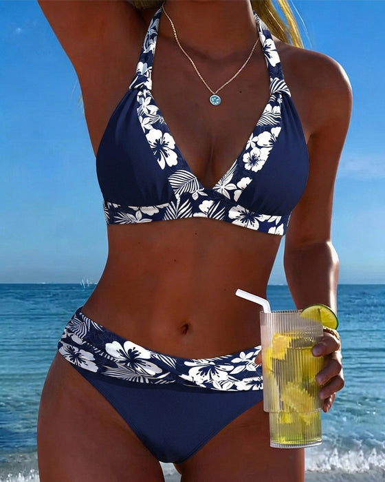 Bikini Tief V Blau Weiß Druck Dreieck