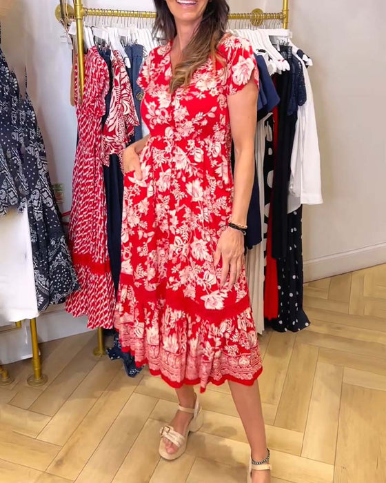 Kleid V-Ausschnitt Blumen Patchwork A-Linie