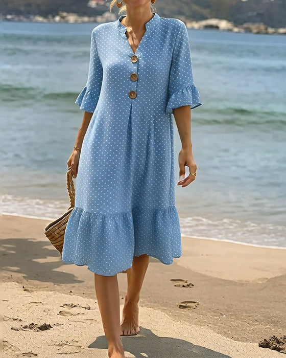Kleid Polka Dot V-Ausschnitt Rüsche Ärmel