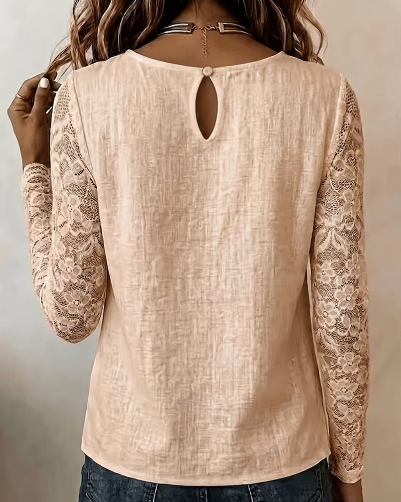 Bluse Rundhals Geknöpft Spitze Patchwork Langarm