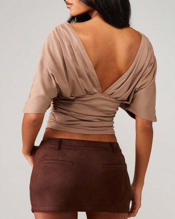 Top V-Ausschnitt Fledermaus Ärmel Taille Binden