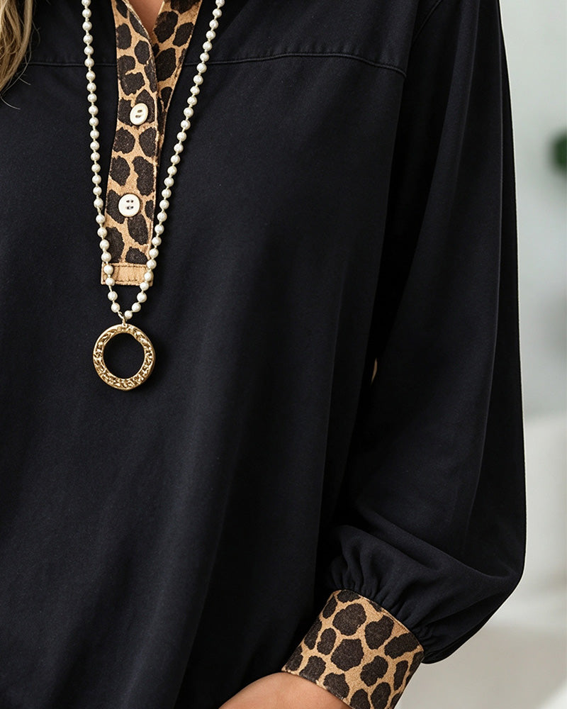 Top Leopardenmuster Revers Patchwork Knopf