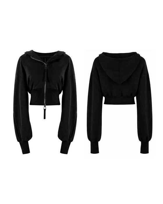 Mantel Doppelter Reißverschluss Kurze Kapuze Sweatshirt