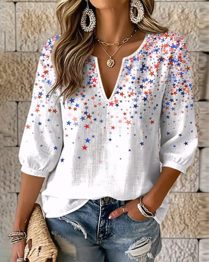 Blusen V-Kerbe Hals Stern Print