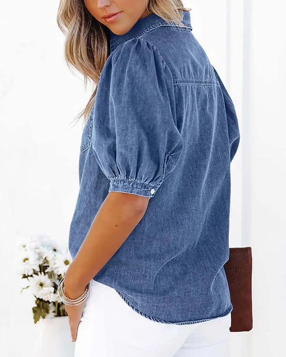 Hemd Druckknopf Denim Laternenärmel Locker