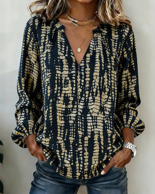 Bedrucktes Top mit Stehkragen und langen Ärmeln