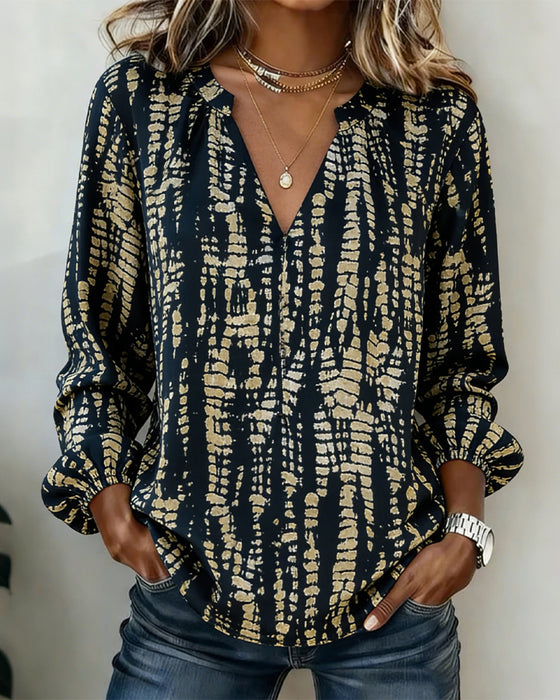 Bedrucktes Top mit Stehkragen und langen Ärmeln