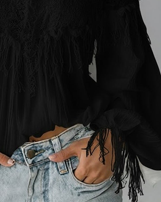 Schulterfreies Camisole-Top mit Spitze und Quasten