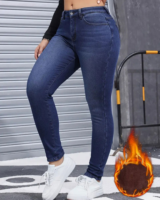 Jeans Damen Fleece-Gefüttert Einfarbig Tasche