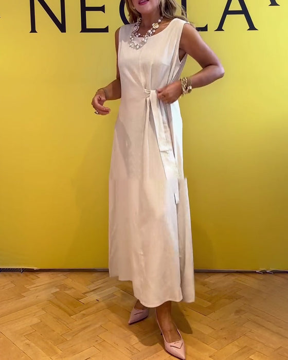 Kleid ärmellos Baumwolle und Leinen Taille einfarbig