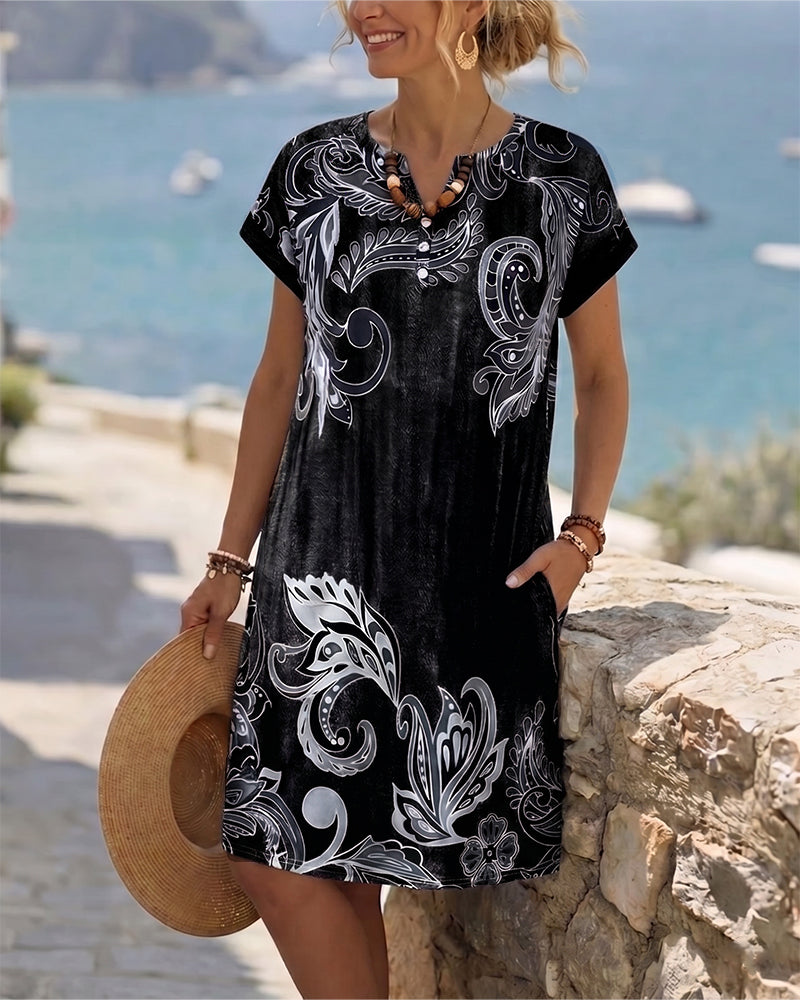 Kleid V-Ausschnitt Halbe Knopfleiste Druck