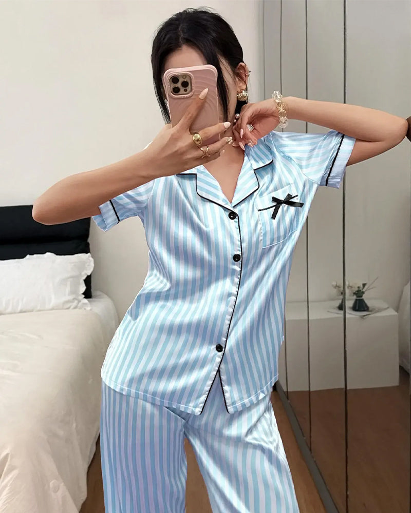 Pyjama-Set Gestreifter Hemdkragen Schleife
