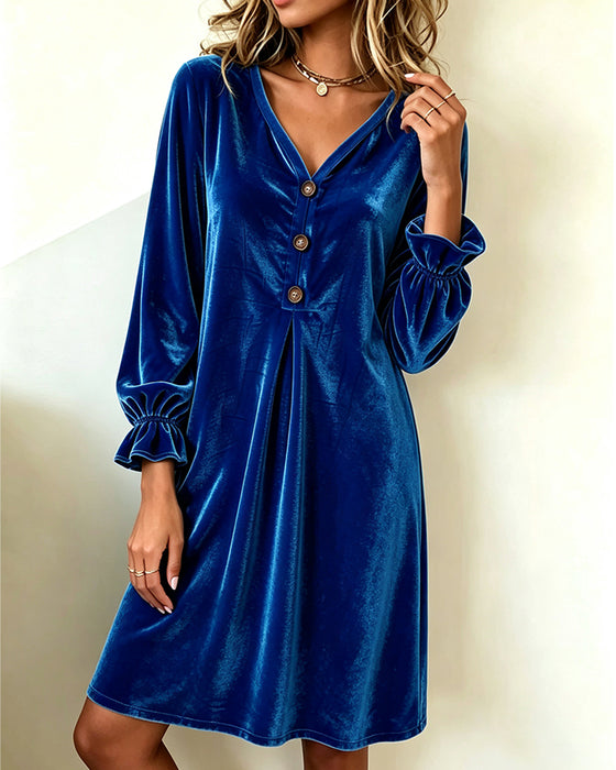 Kleid V-Ausschnitt Knopf Rüsche Plissiert