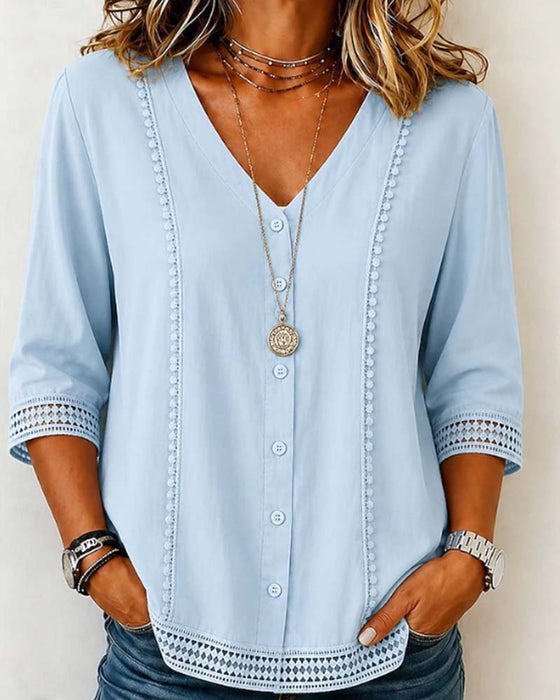 Bluse V-Ausschnitt Knopf Spitze Durchbrochen Einfarbig