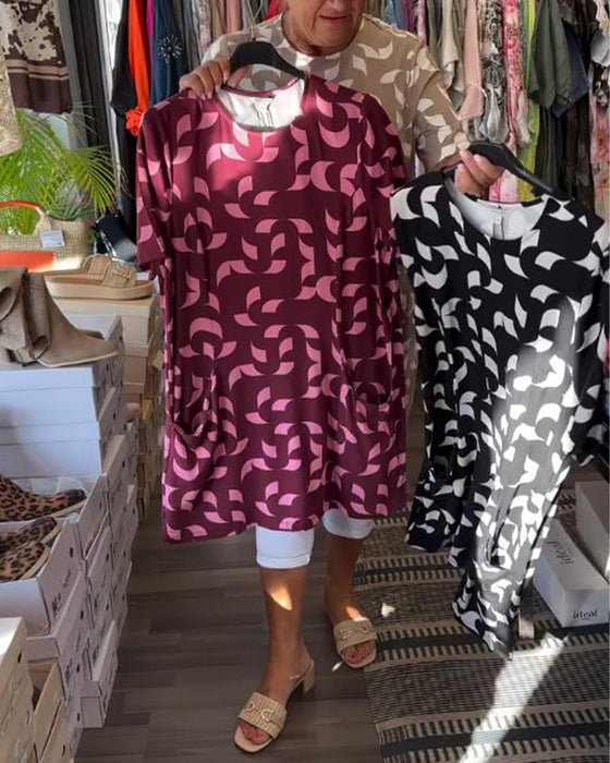 Kleid Mit Geometrisch-Muster, Tasche Und Gerade Geschnitten Merkmalen