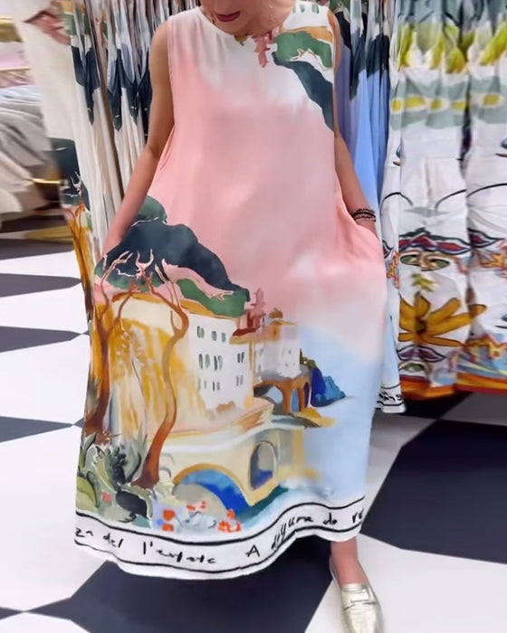 Kleid Ärmellos Landschaftsmalerei Locker