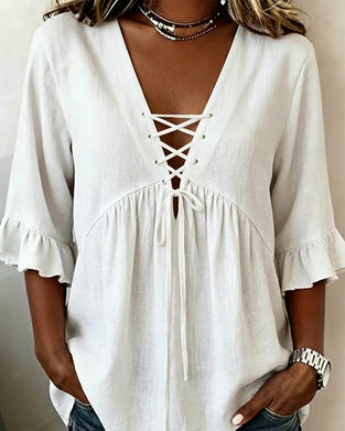 Bluse Unifarben V-Ausschnitt Rüsche