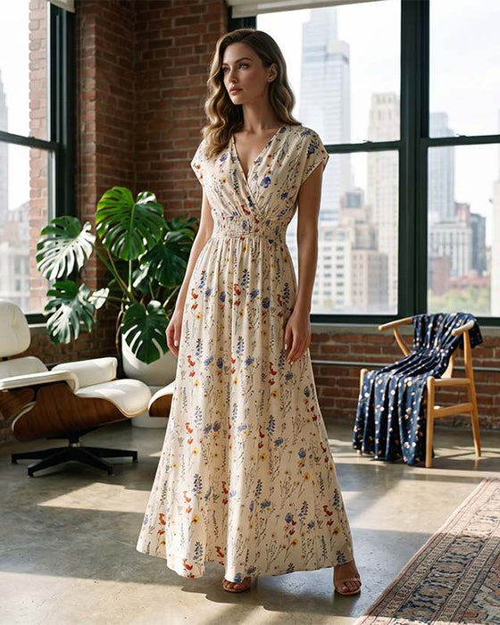 Lässiges Bedrucktes Maxikleid Mit V-Ausschnitt