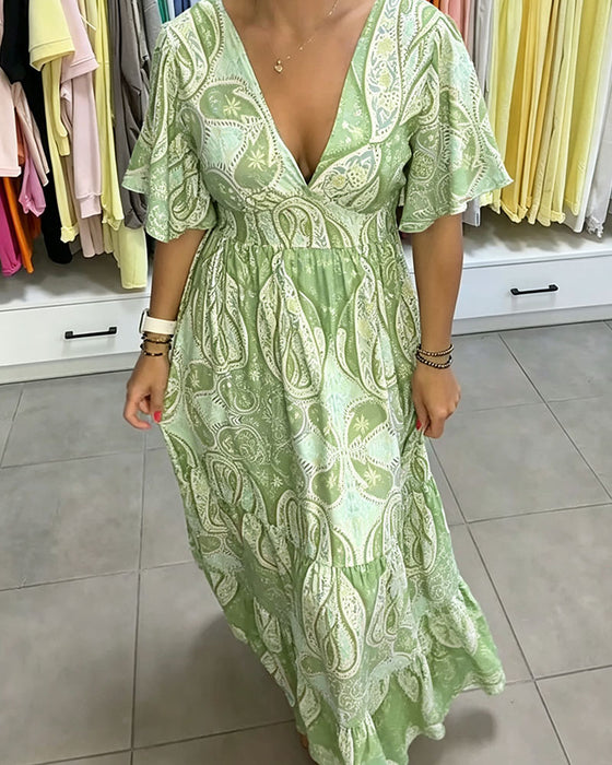 Kleid V-Ausschnitt Rüsche Druck