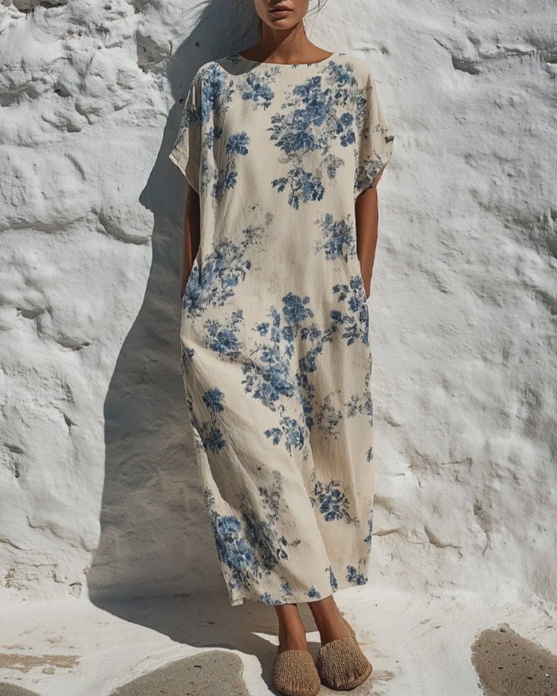 Kleid Rundhals Vintage Blau Floral