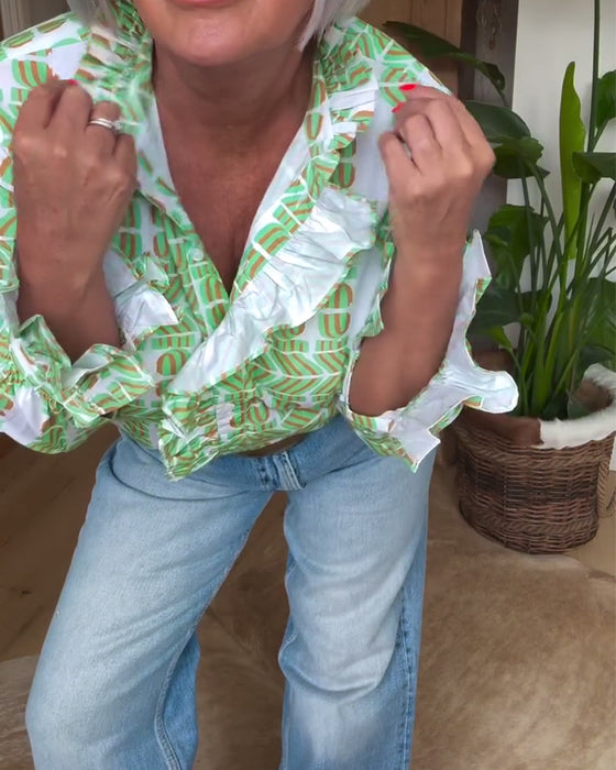 Bluse langärmlig mit Rüschen bedruckt lässig