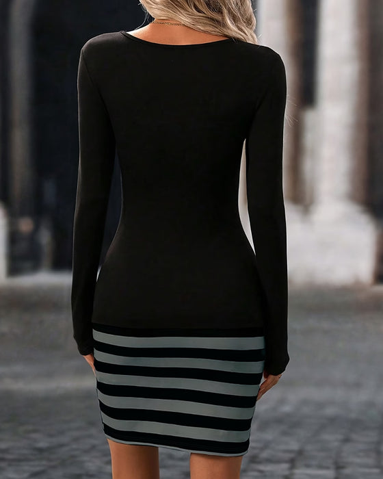 Kleid Langarm Patchwork Streifen Bodycon