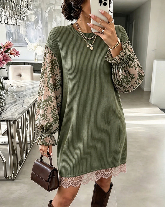 Kleid Rundhalsausschnitt Gerippt Spitze Patchwork Rüsche