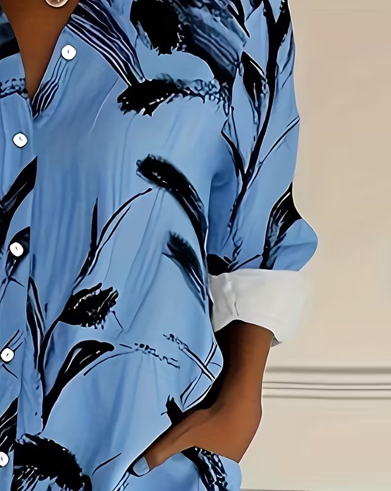 Hemd Tusche-Wasch Blumendruck Langarm