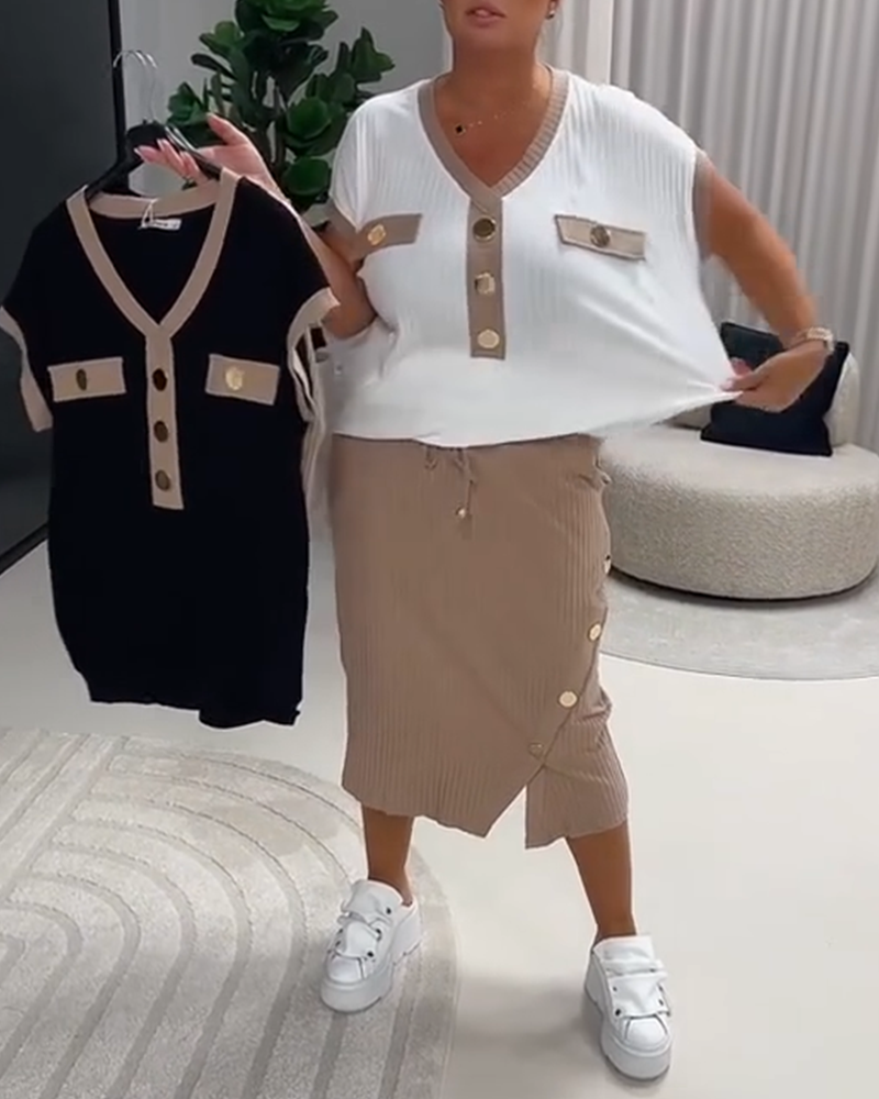 T-Shirt V-Ausschnitt Modisch Rippig Knopf