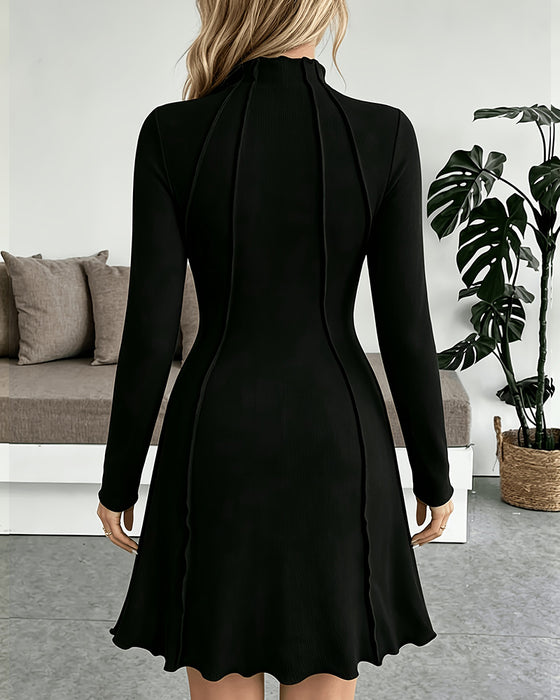 Kleid Mock Hals Einfarbig Lässig
