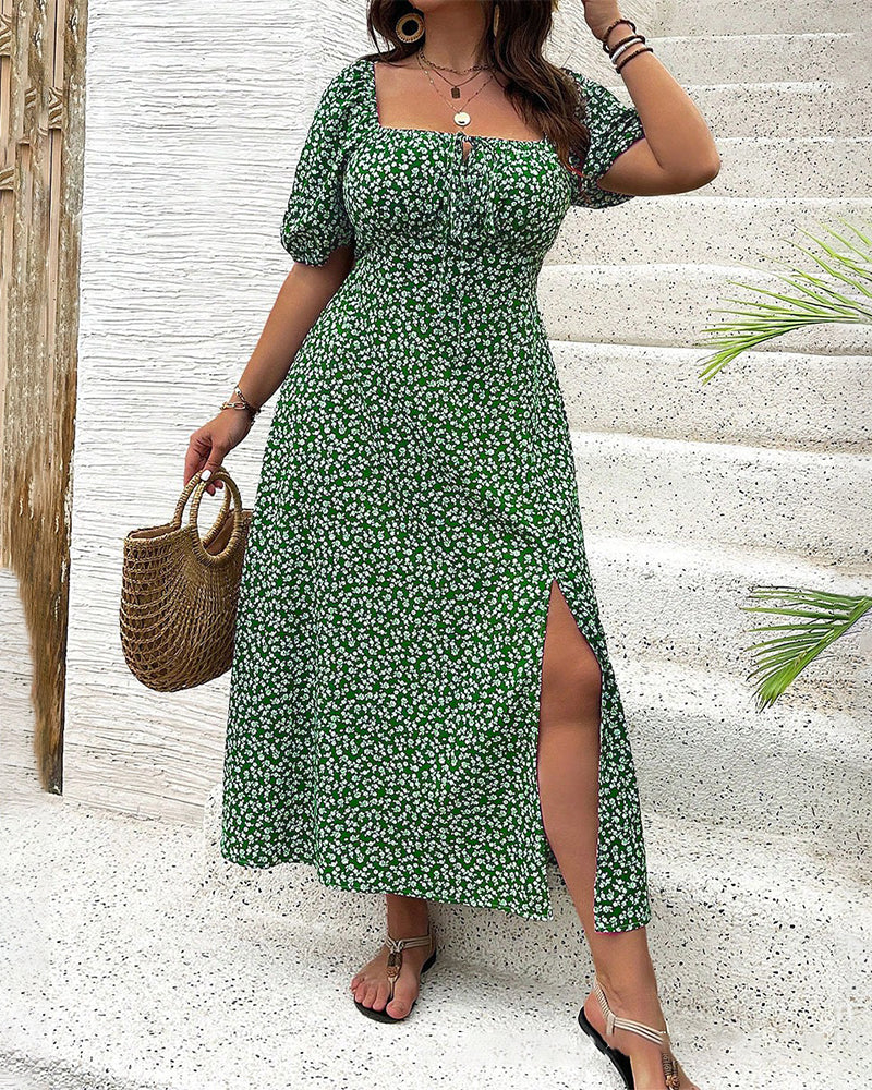 Kleid Kurzarm Schlitz Blumendruck