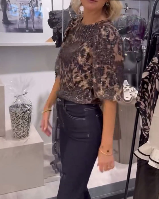Bluse mit Laternenärmeln Pailletten Leopardenmuster