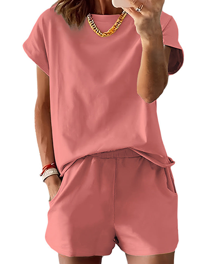 Set Rundhalsausschnitt Einfarbig Tasche Kurzarm Shorts