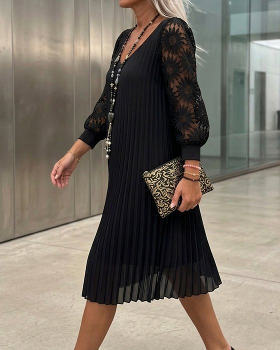 Kleid Spitze Patchwork V-Ausschnitt Gerafft
