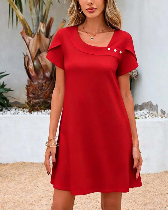 Kleid Asymmetrischer Ausschnitt Knopf Kurzarm Unifarben