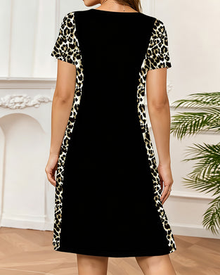 Kleid Rundhals Leopard Farbblock