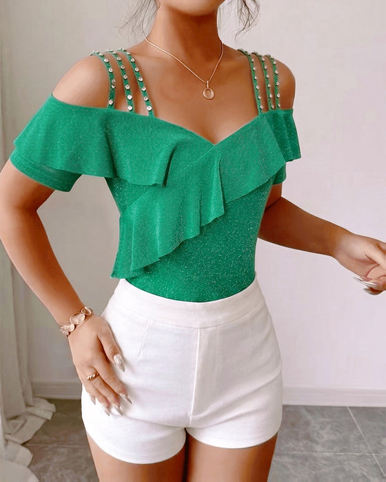T-Shirt Diamant-Träger Rüschen Off-Shoulder V-Ausschnitt