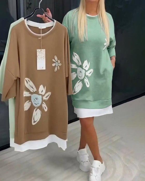 Sweatshirt-Kleid Rundhals bedruckt Patchwork