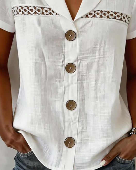 Bluse V-Ausschnitt Knopf Ausschnitt Uni